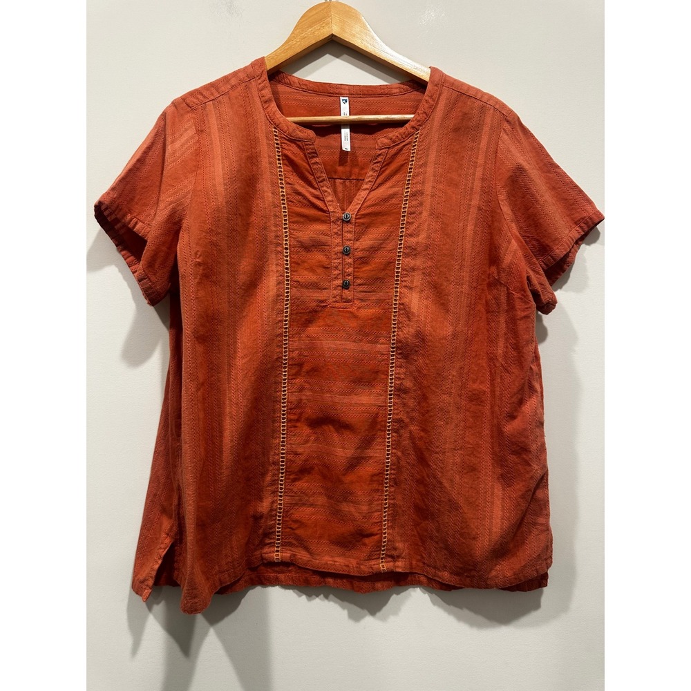 Kuhl Womens XL Rust Orange Dobby Stripe Henley Short Sleeve Lace Trim Blouse